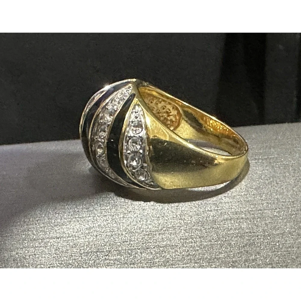 Black Enamel Clear Rhinestone Swirl Design Statement‎ Ring Gold Tone Sz 9 EDCO